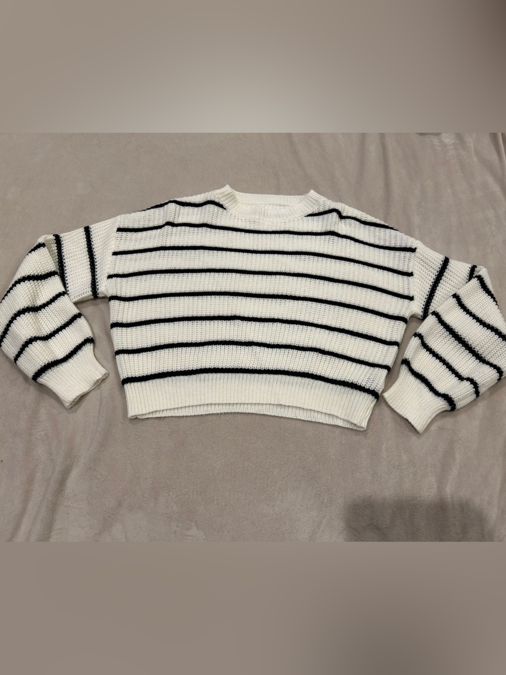 Cider White Knit Crewneck Sweater with Black Stripes